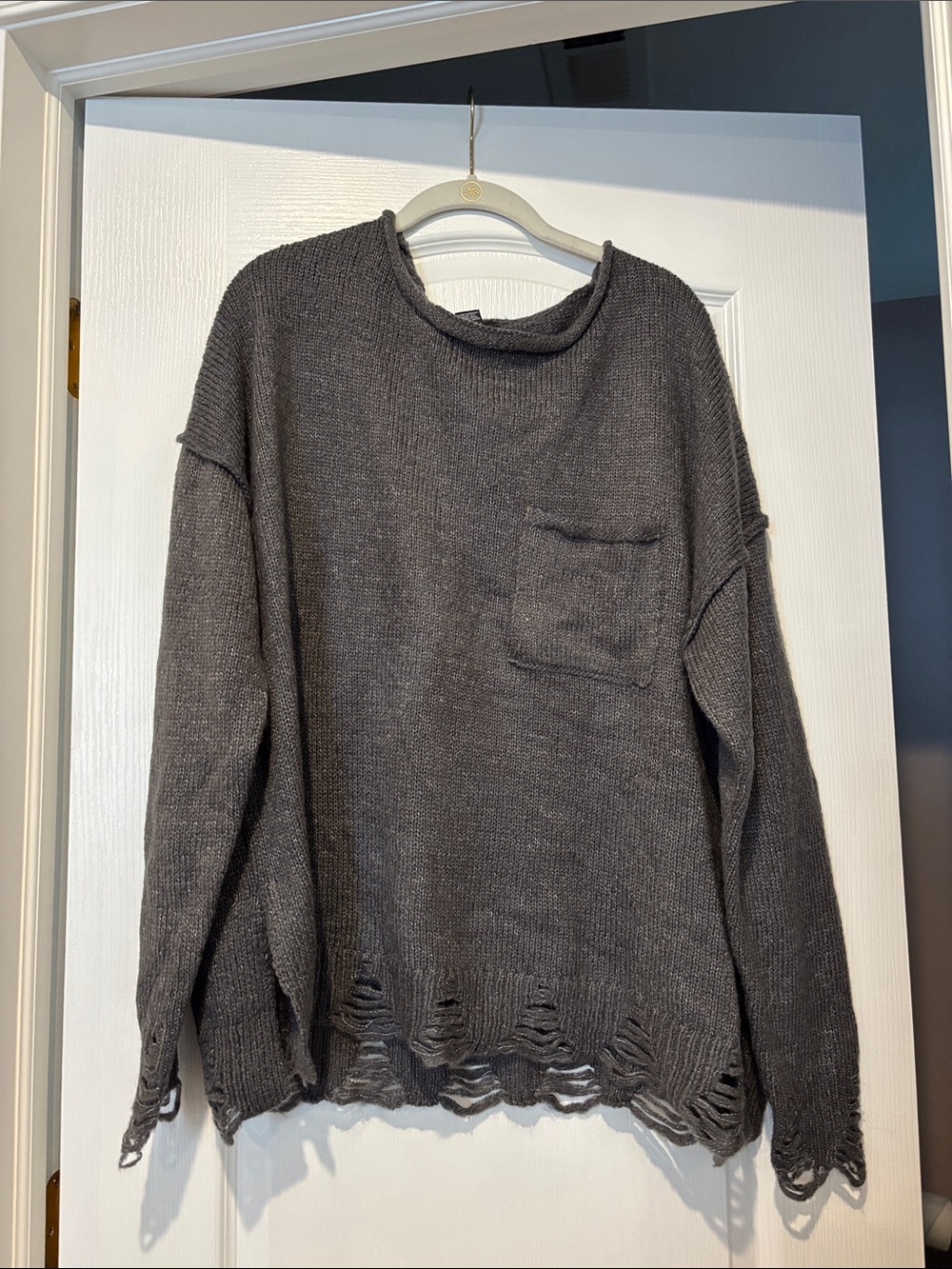 Rue21 Charcoal Distressed Crewneck Sweater with Pocket